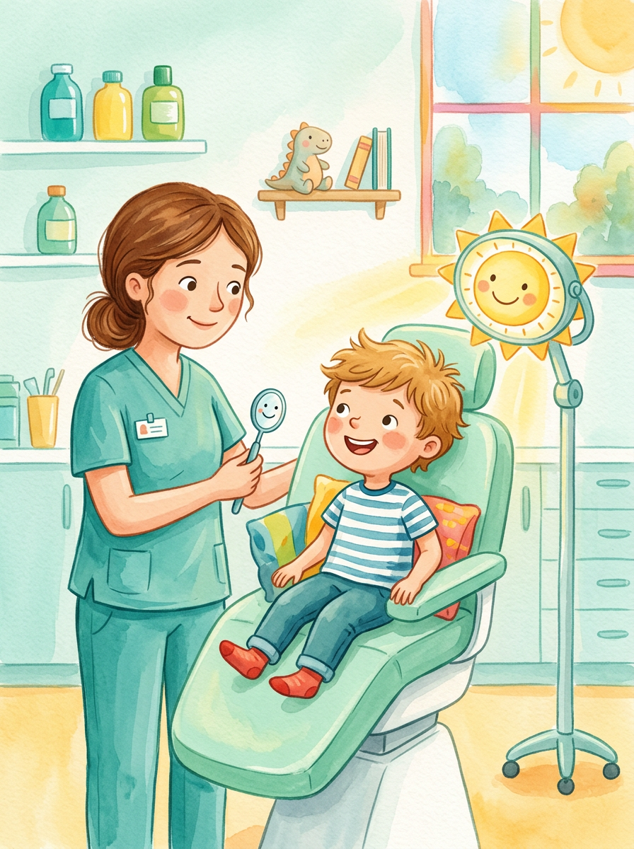 Sample cover illustration: a smiling boy in a dentist chair beside a kind dentist and a sun-faced lamp