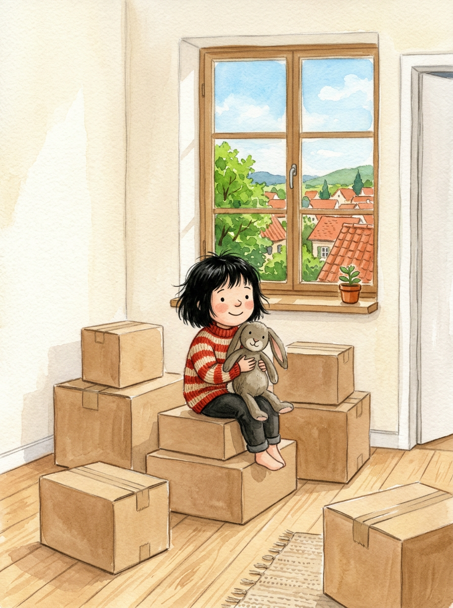 Sample cover illustration: a girl hugging a stuffed rabbit on moving boxes in her new bedroom