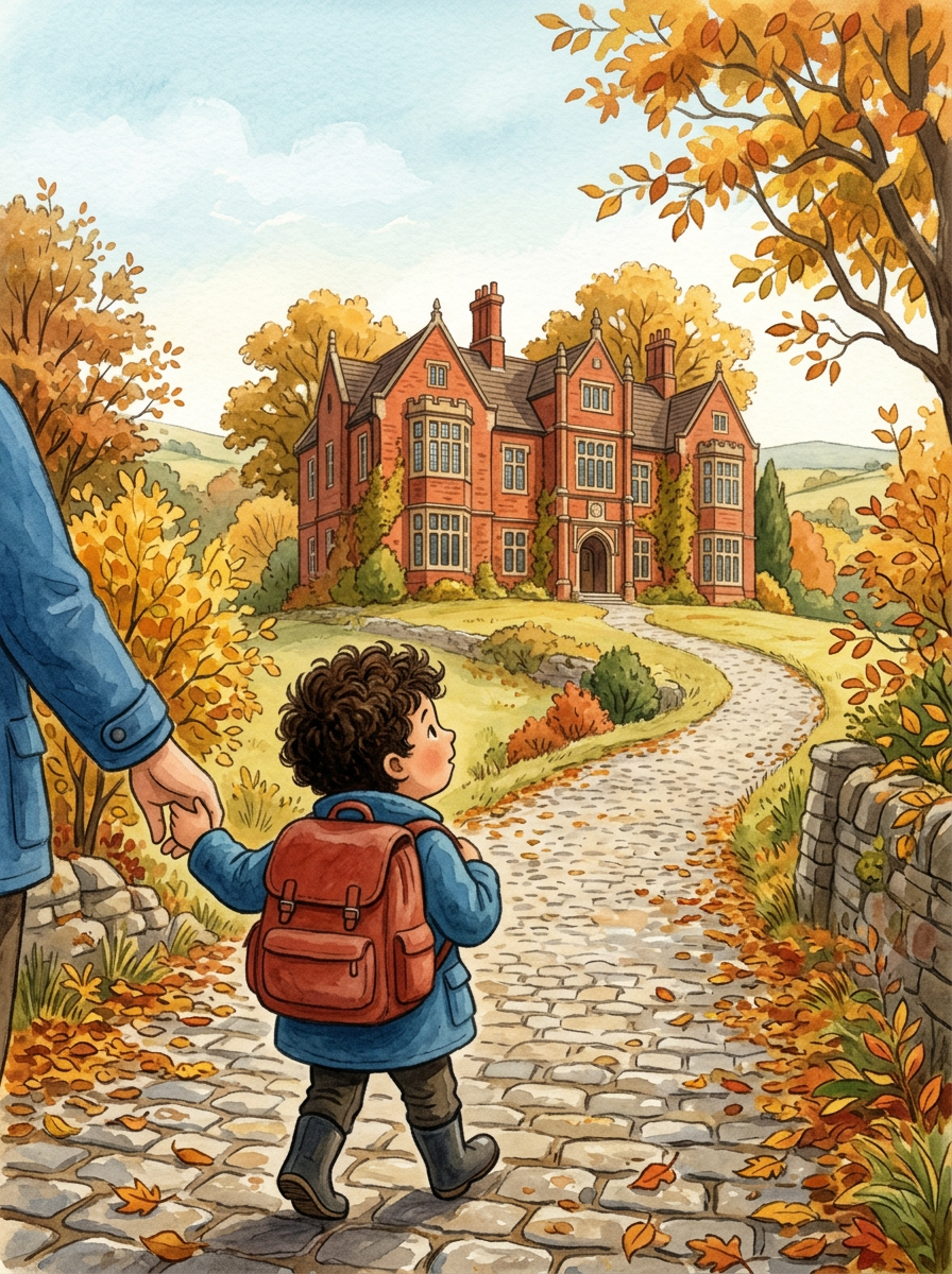 Sample cover illustration: a boy with a red backpack holds a parent’s hand on a path to a brick school in autumn