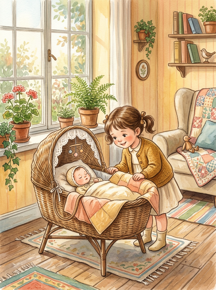 Sample cover illustration: a girl in a yellow cardigan looks at her baby brother asleep in a wicker basket